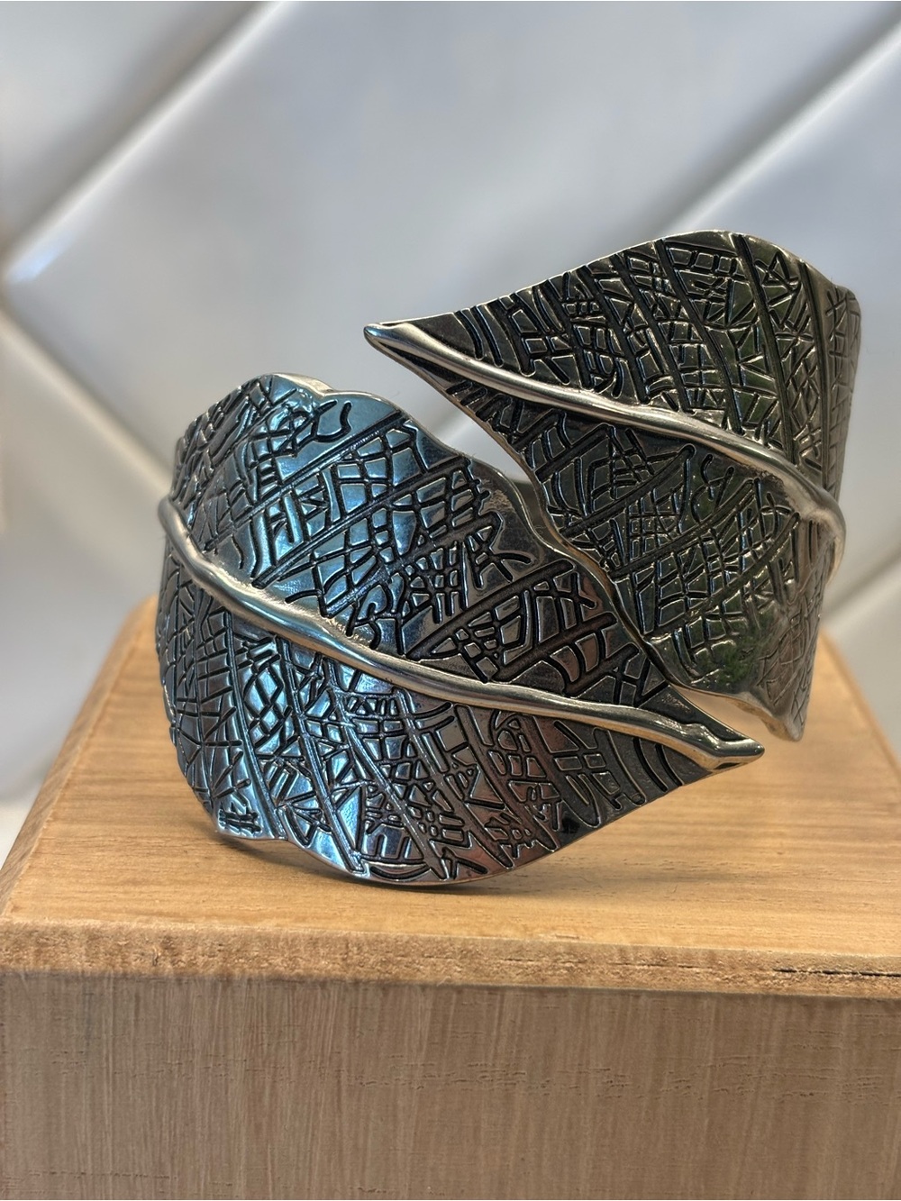 Leaf Motif Silver-Tone Cuff Bracelet